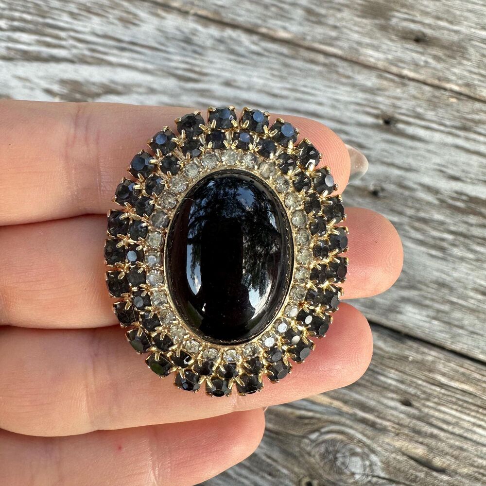 Vintage Black Domed Cabochon Watermelon Brooch Rhinestone Halo Gold Mid Century